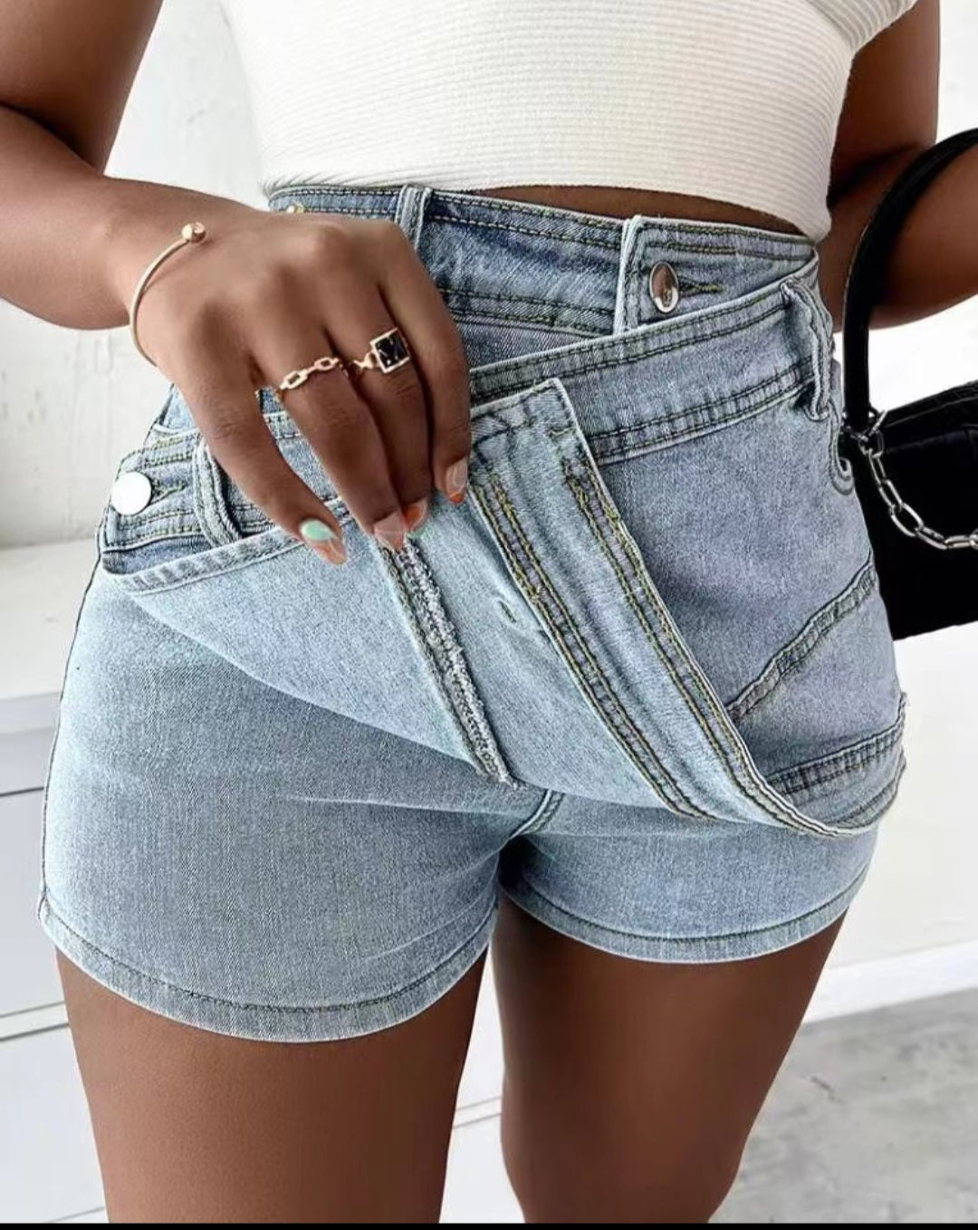 Y2K Street Vintage Denim Shorts Stretch Overlap Waist Wrap Solid Asymmetrical Hem A-Line Skinny Mini Skorts Skirt