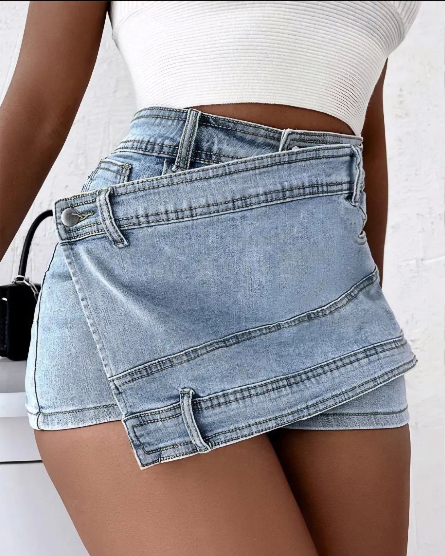 Y2K Street Vintage Denim Shorts Stretch Overlap Waist Wrap Solid Asymmetrical Hem A-Line Skinny Mini Skorts Skirt