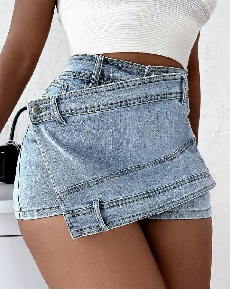 Y2K Street Vintage Denim Shorts Stretch Overlap Waist Wrap Solid Asymmetrical Hem A-Line Skinny Mini Skorts Skirt